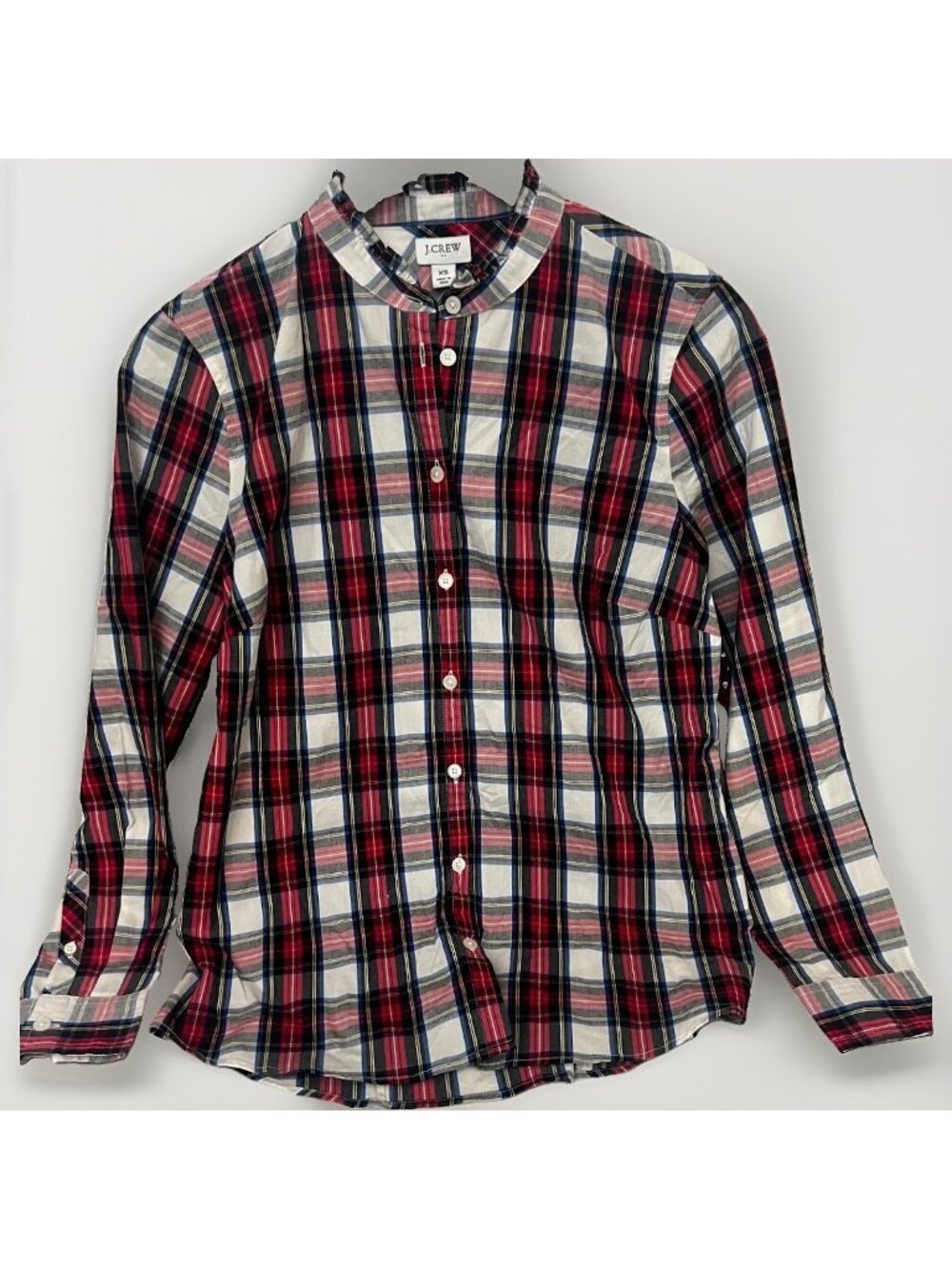 NWT J CREW Red Tartan Plaid Button Down Blouse Ruffed Mock Neck Sz XS.    Ee